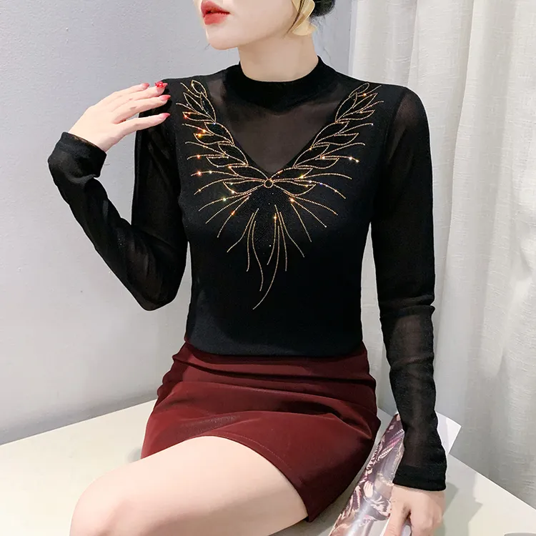 网纱烫钻长袖打底衫女秋冬时尚减龄修身上衣洋气百搭气质小衫225