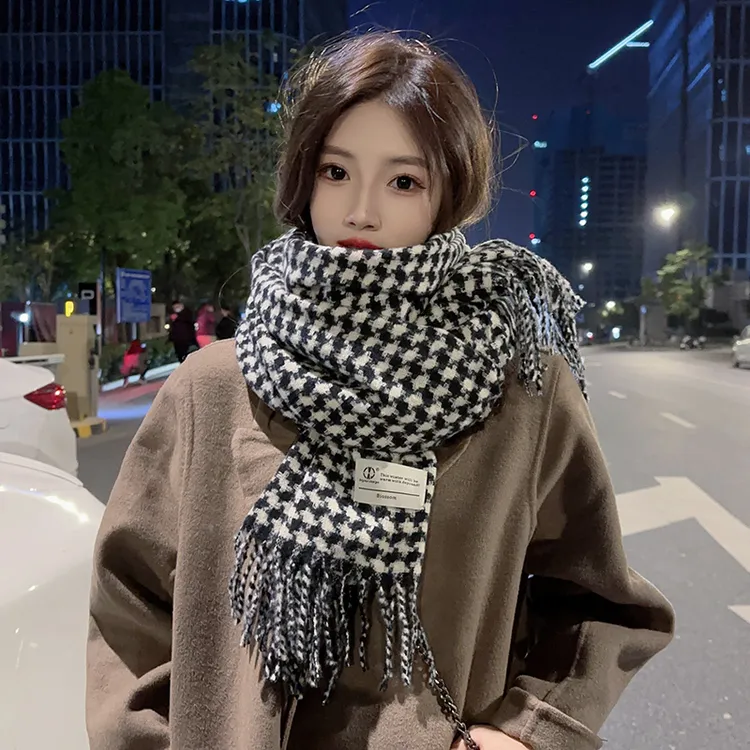2025新款撞色千鸟格围巾女生冬季加厚仿羊绒披肩针织保暖围脖百搭