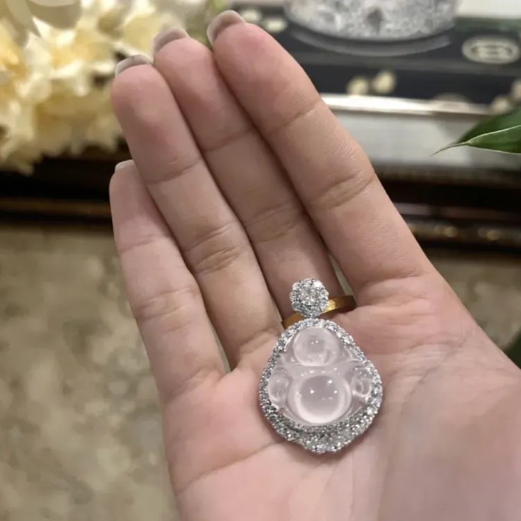 新中式清冷感银镶嵌冰种白玉髓弥勒佛 佛公项 链吊坠