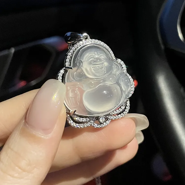 冰种佛公玉髓吊坠纯银项链女弥勒佛大肚佛玉坠笑面佛链玉佛首饰