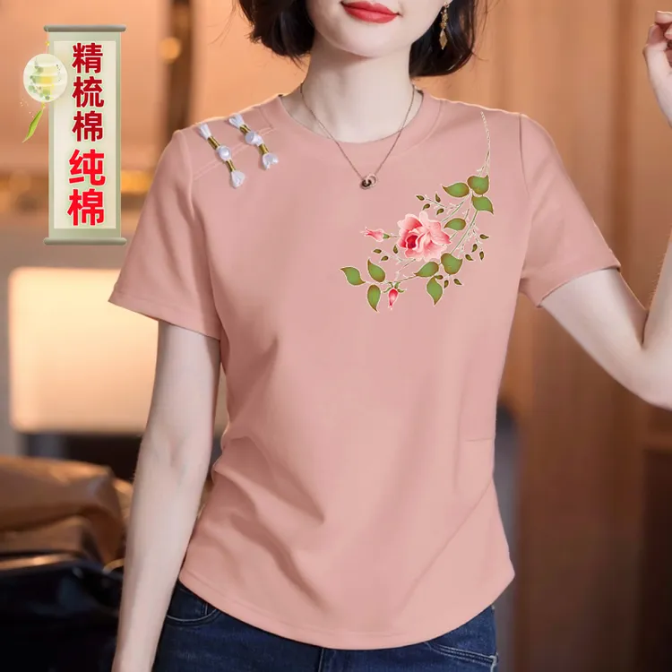 100%纯棉短袖t恤女夏季小设计显瘦遮肚上衣显白小衫大码妈妈夏装