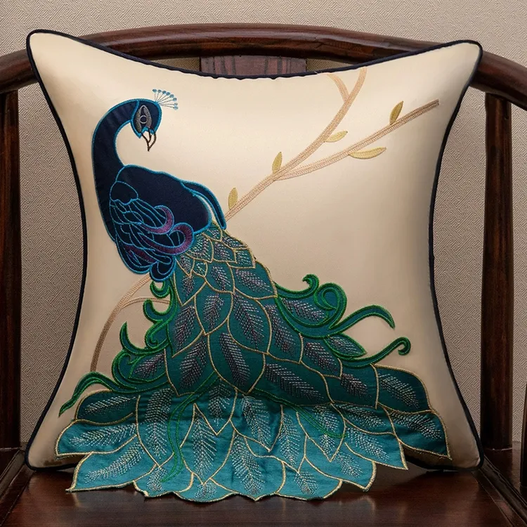 新中式样板房抱枕轻奢上档次刺绣孔雀靠垫腰枕刺绣沙发抱枕客厅