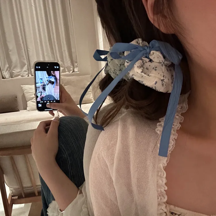 小清新布艺碎花蓝色蝴蝶结大肠发圈女森系甜美简约发绳超仙ins