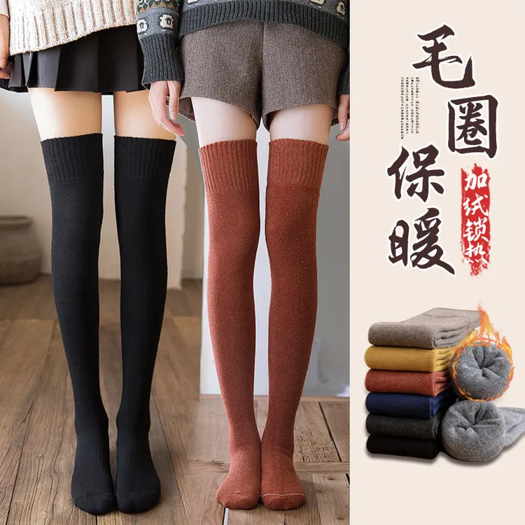 新款过膝袜女韩版jk秋冬加绒中高长筒袜加厚毛圈保暖袜子女生潮