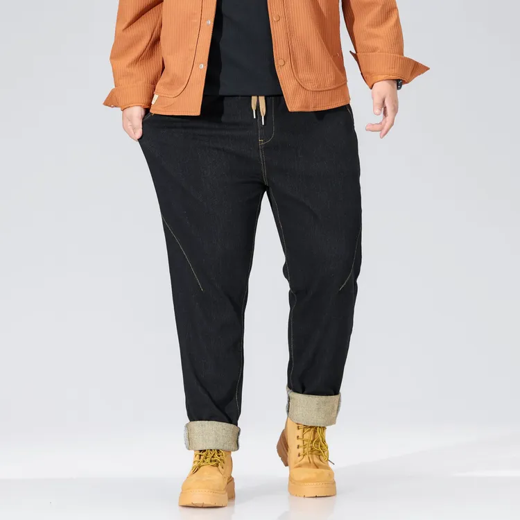 2024秋冬牛仔裤男松紧腰弹力加肥加大舒适百搭简约加绒时尚显瘦