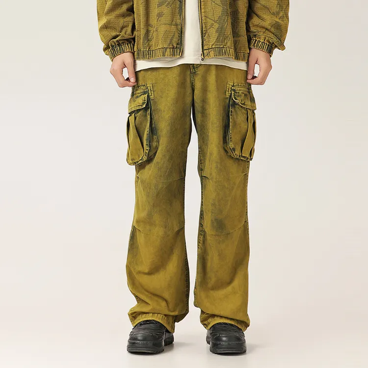 【姗姗来迟】美式复古做旧蜡染工装直筒裤微喇宽松咔叽重工长裤