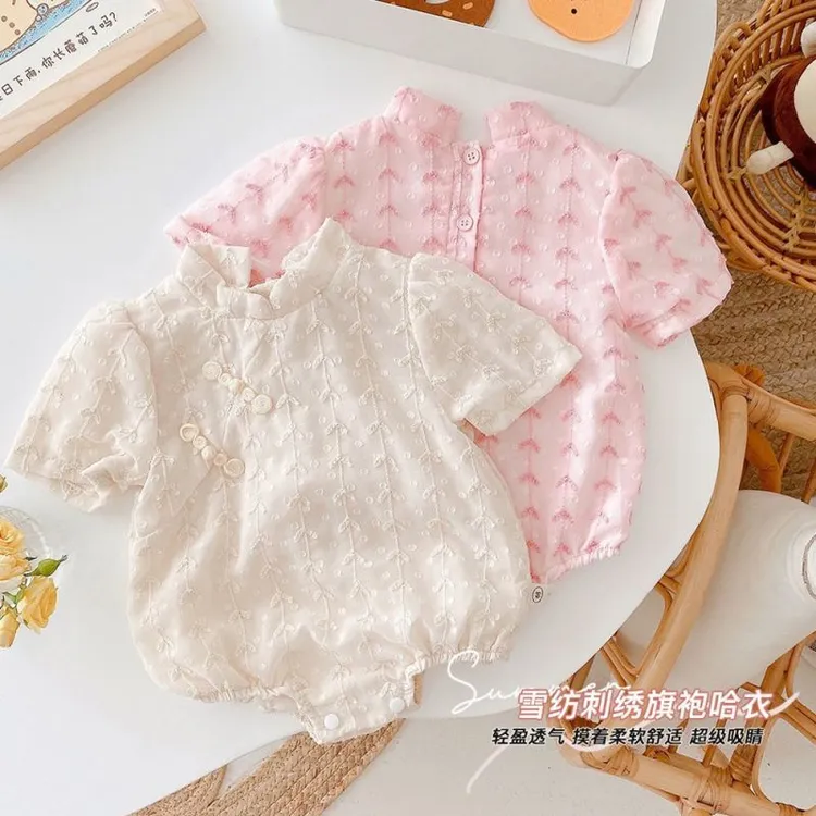 夏季女宝宝公主爬服雪纺短袖三角包屁衣婴儿百天服洋气旗袍哈衣薄