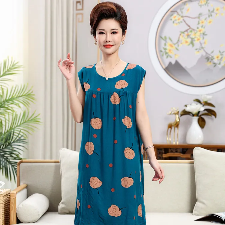珑诗妍中老年睡衣女睡裙夏季棉绸薄款大码宽松无袖背心裙人造棉夏