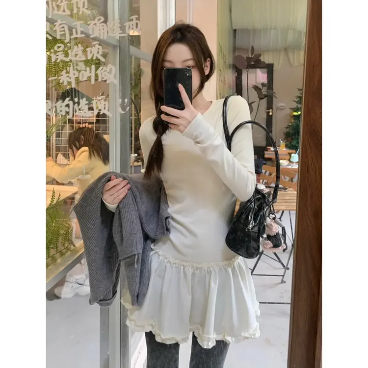 柔软撞色花褶下摆修身显瘦叠穿打底裙秋冬季德绒加厚长袖连衣裙