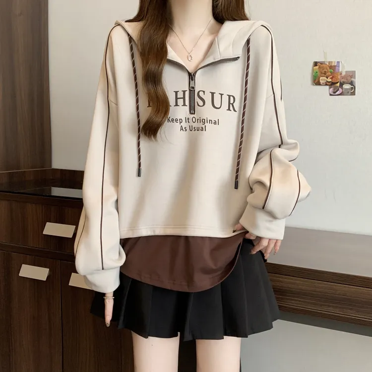 大码女装半拉链字母连帽假两件卫衣女秋冬胖妹妹宽松显瘦上衣