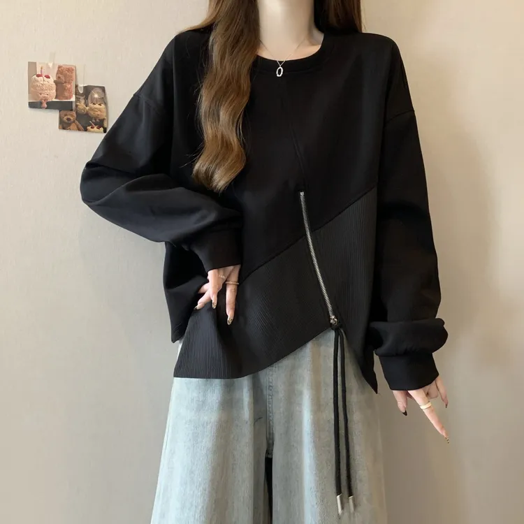 大码女装遮肚子不规则设计感拉链长袖卫衣春秋胖妹妹显瘦百搭上衣