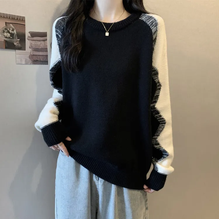 大码女装遮肚子拼色慵懒风插肩长袖打底衫秋冬胖妹妹显瘦针织上衣