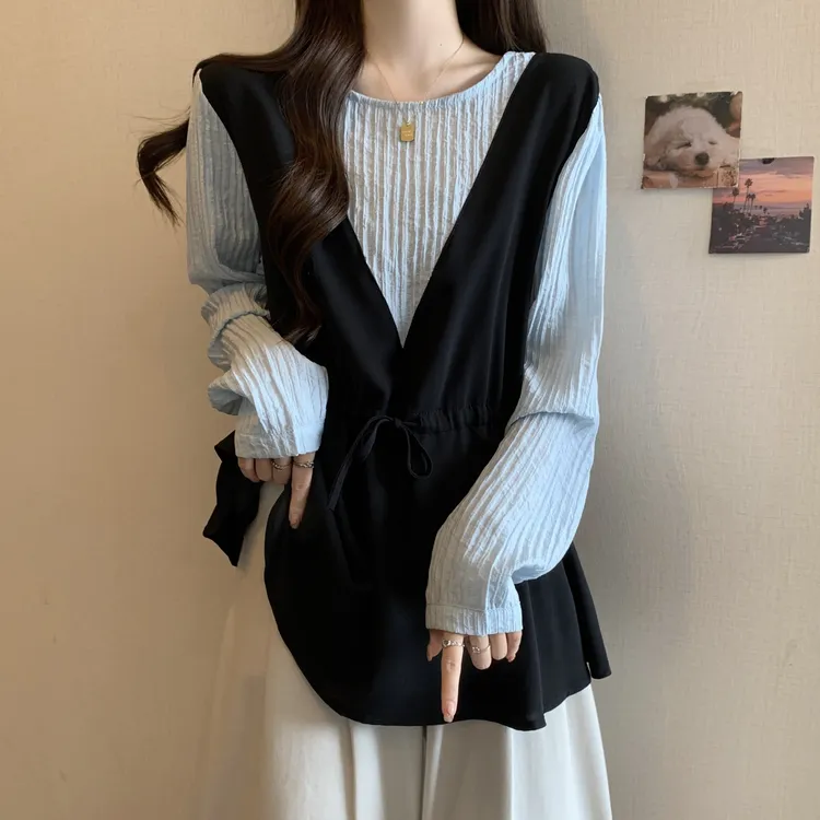 大码女装遮肚子撞色拼接假两件长袖衬衫女春秋胖妹妹宽松显瘦上衣