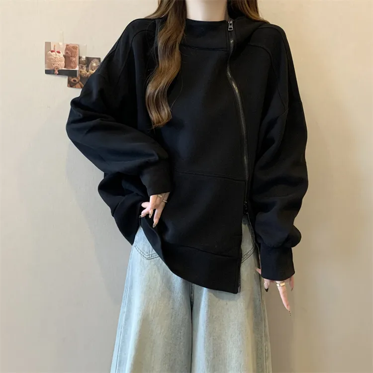 大码女装遮肚子连帽斜拉链长袖卫衣女秋冬胖妹妹宽松显瘦正肩上衣