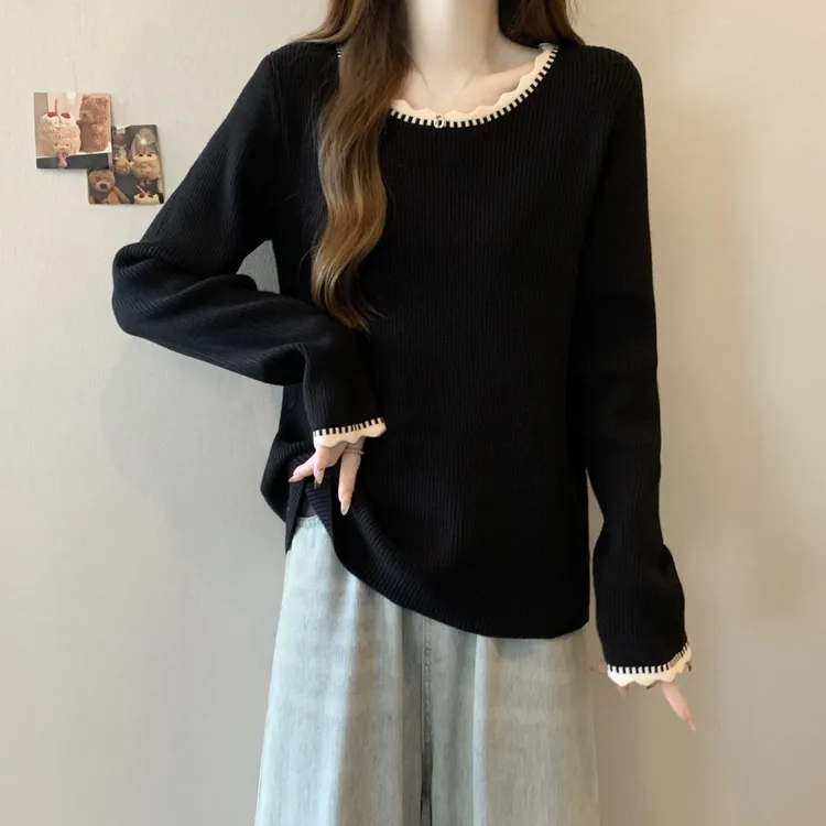 大码女装遮肚子U领正肩针织长袖打底衫女春秋胖妹妹显瘦百搭上衣