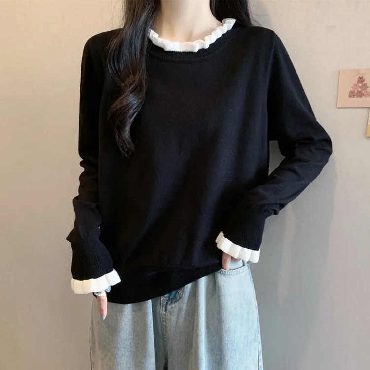 大码女装遮肚子撞色木耳边长袖打底衫秋冬胖妹妹遮肉显瘦小众上衣