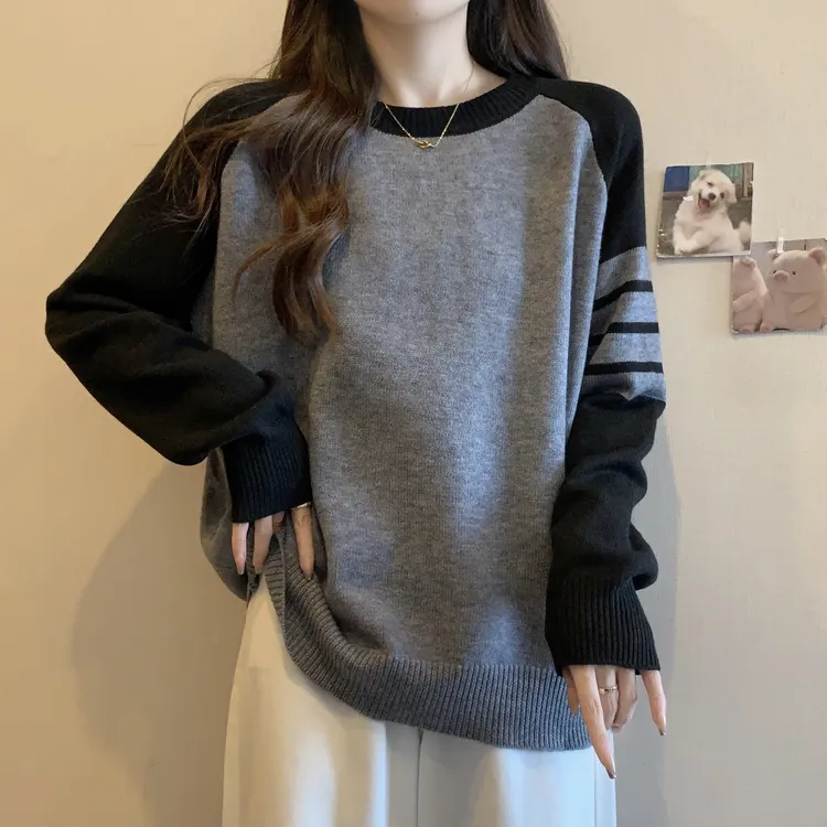 大码女装遮肚子拼色插肩长袖打底衫女春秋胖妹妹显瘦针织別致上衣