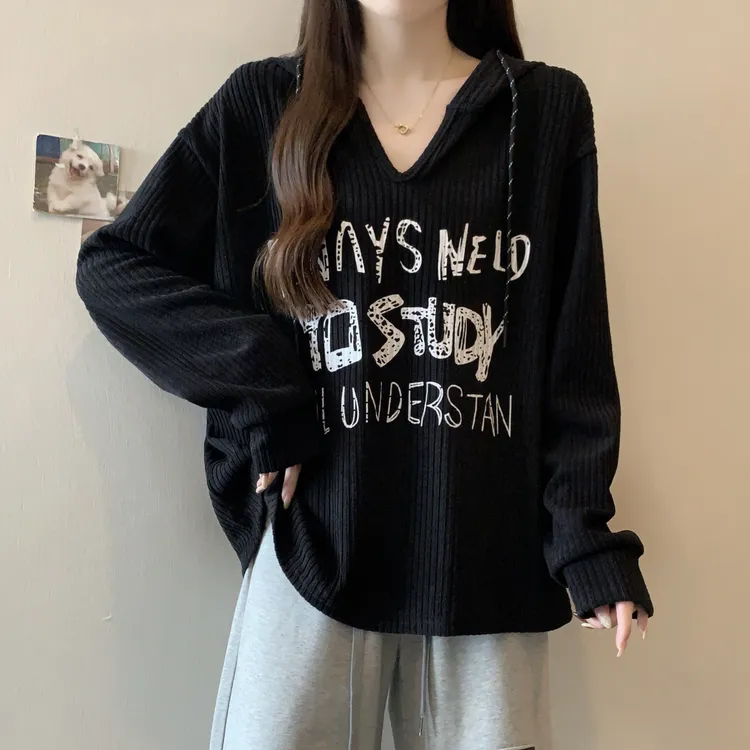 大码女装遮肚子慵懒风连帽字母长袖打底衫秋冬胖妹妹宽松显瘦上衣