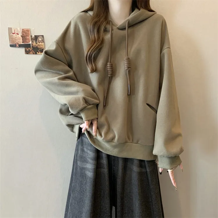 大码女装遮肚子连帽洋气时尚正肩长袖卫衣秋冬胖妹妹显瘦百搭上衣
