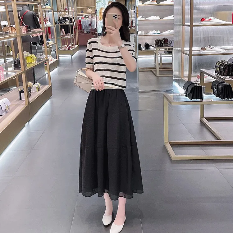 薄款套装裙夏季新款条纹短袖上衣针织衫T恤高腰显瘦半身裙两件套