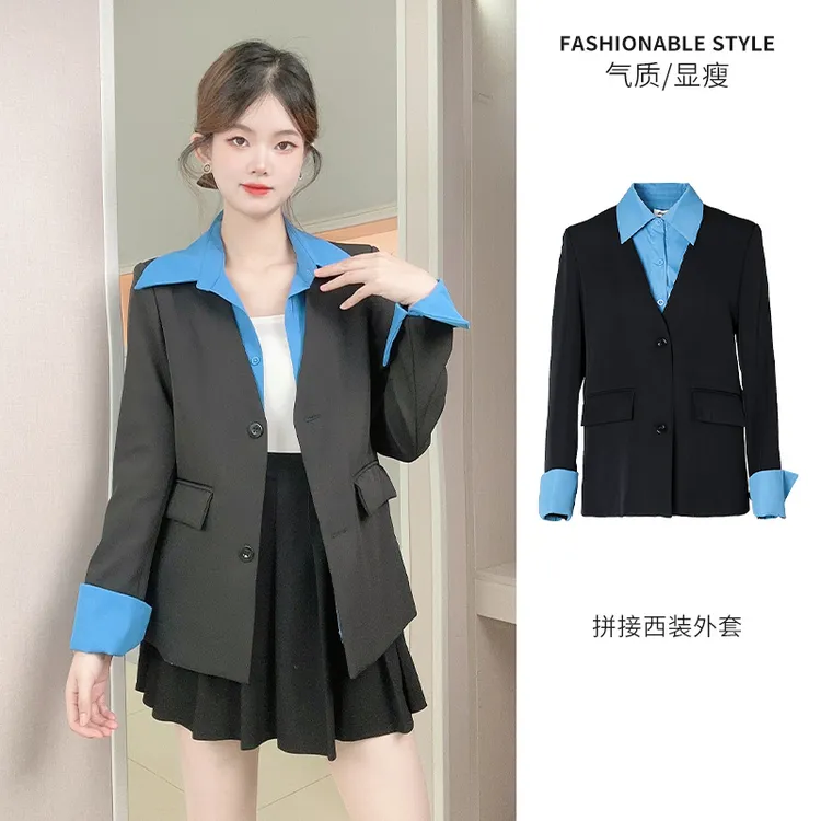 宝藏衣橱黑色拼接假两件西装外套女秋春季新款小个子职业休闲西服