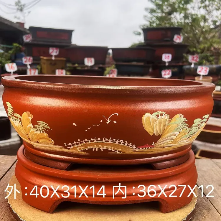 精品紫砂大红袍腰圆马槽双面手绘带底座花卉绿植盆景造型园艺老桩