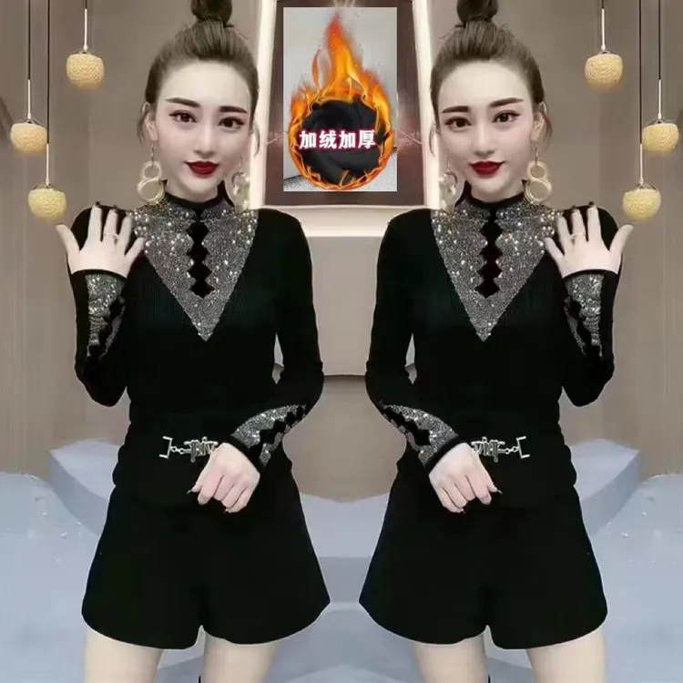 888#网红时尚女黑色T恤新款小衫半高领长袖烫钻百搭打底衫上衣
