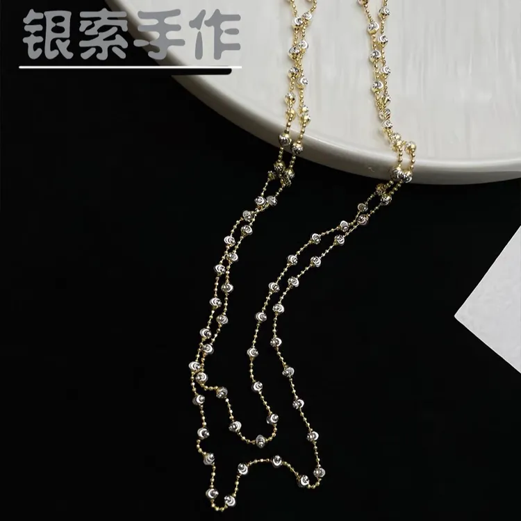 链子925银 纯银小众车花撞色豆豆链意大利项链轻奢法式锁骨链女生