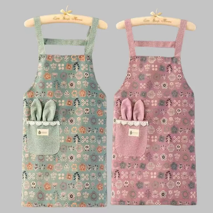 透气可爱时尚竹节棉围裙家用防污围裙工作服洋气做饭成人无袖围裙