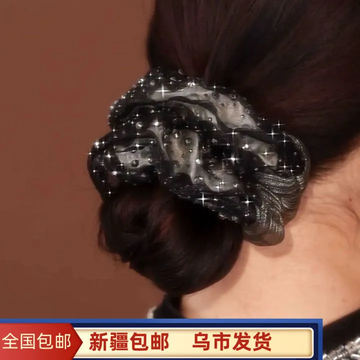 新疆包邮满星镶嵌法式双层高弹力欧根纱头绳发圈扎头发橡皮筋发饰