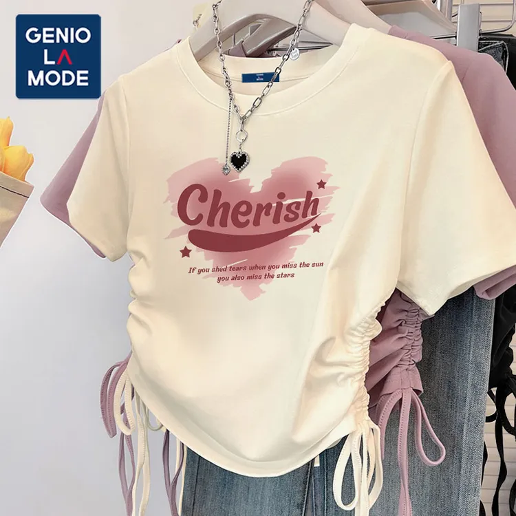 GENIOLAMODE抽绳短款女上衣新款正肩女t恤高腰辣妹春夏季修身短袖