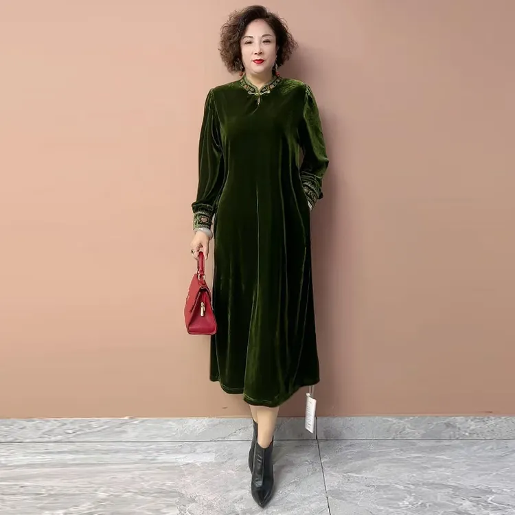 819妈妈刺绣旗袍丝绒秋冬高端长裙气质宽松中老年高档阔太太女装