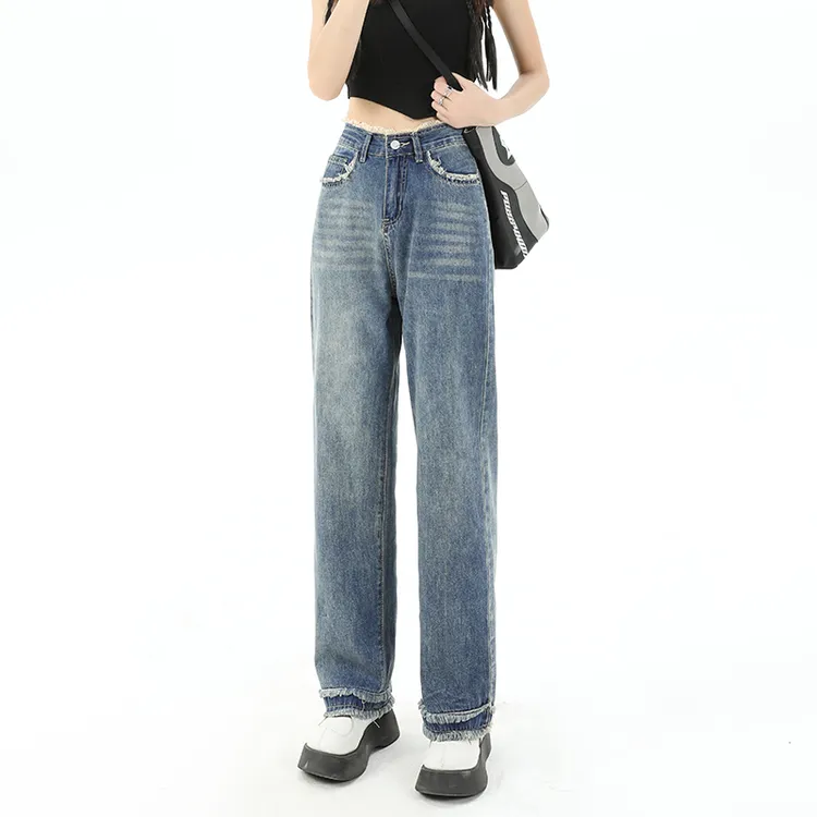夏季薄款牛仔裤女弹力阔腿春夏2025年新款高腰修身显瘦毛边九分裤