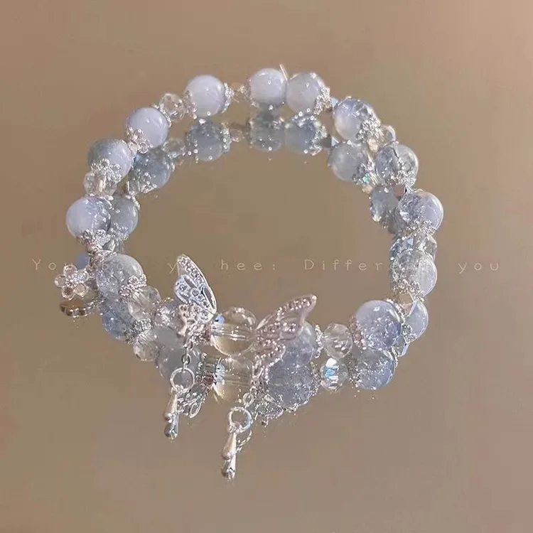钛钢琉璃手链 海蓝蝴蝶结串珠手链女森系甜美手串小众百搭手饰ins