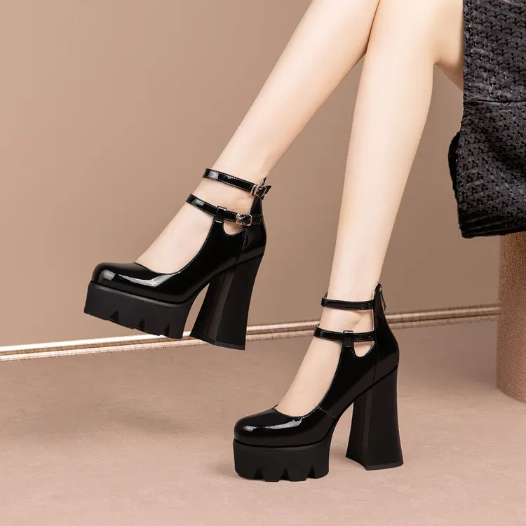 真皮12CM超高跟鞋女时尚气质粗跟防水台浅口单鞋走秀款牛漆皮女鞋