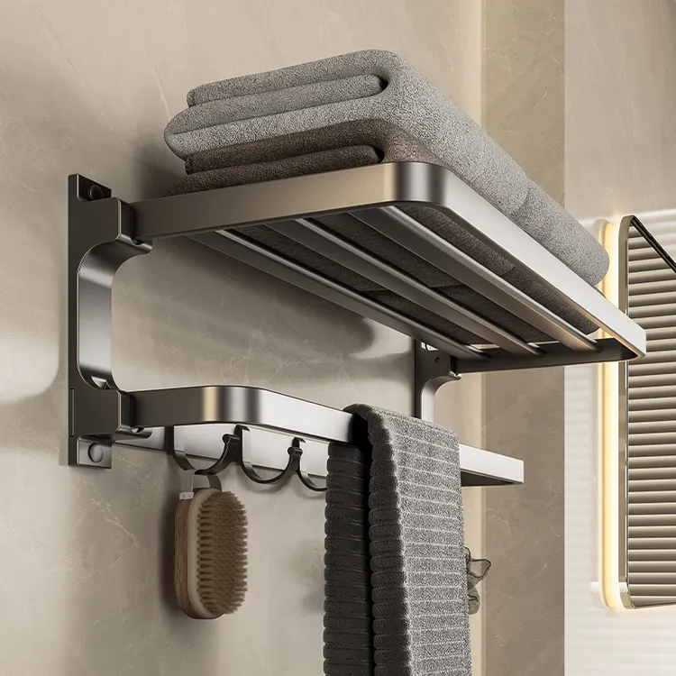 免打孔灰色双折叠浴巾架 卫生间壁挂毛巾架浴室收纳置物架防锈