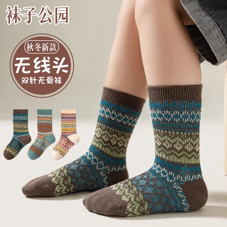 袜子公园双针双路儿童袜男童女童秋冬季无骨复古民族风中筒袜726