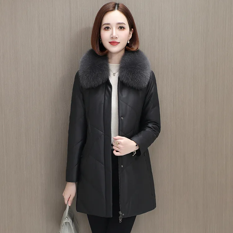 真皮羽绒服女中长款2024新款皮衣绵羊皮皮草大码修身外套狐狸毛领