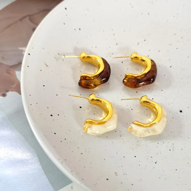 铜合金树脂耳饰 个性时尚美拉德金属风几何C形气质轻奢高级感耳饰
