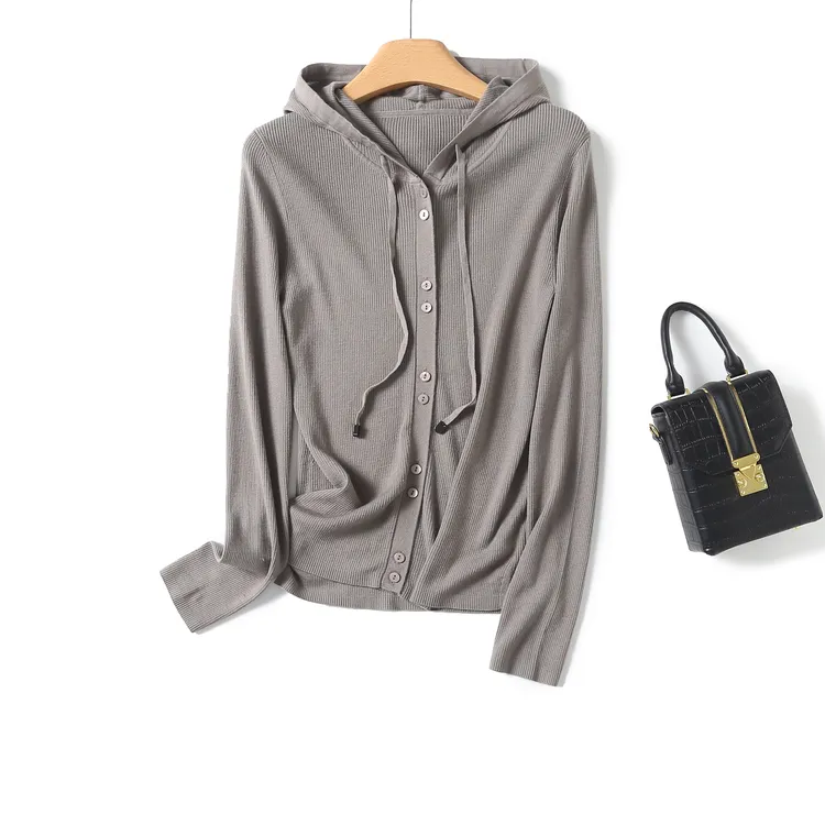 精纺可机洗春季女士针织带帽简约羊毛衫百搭休闲BN130