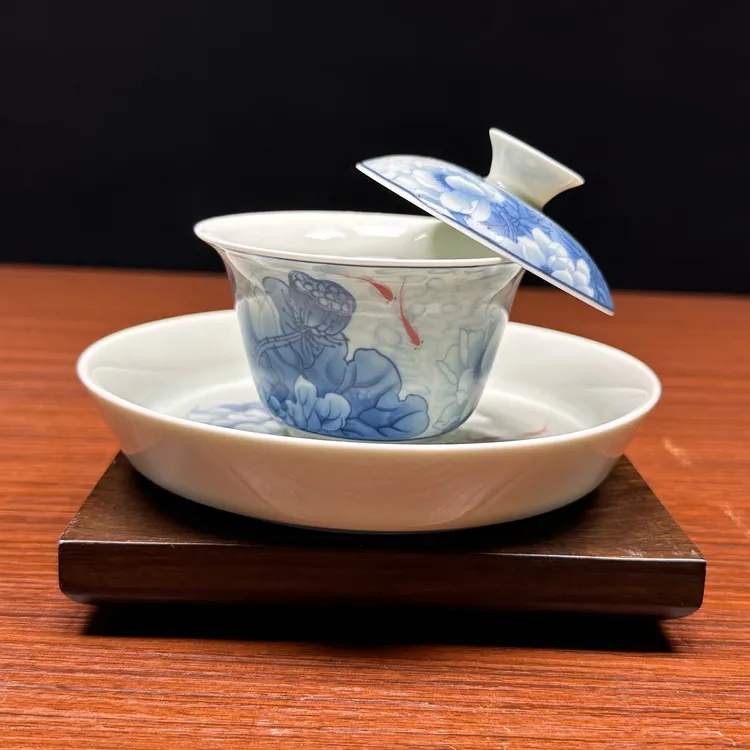 茶具盖碗悬停挂盖三才盖碗景德镇高端青花陶瓷泡茶器防烫功夫茶杯