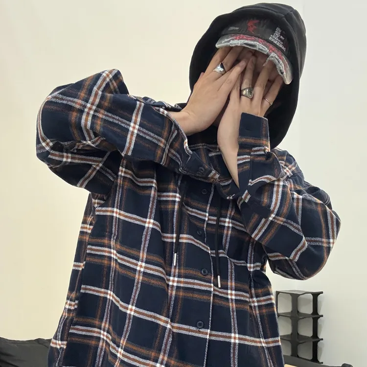港味复古连帽格子衬衫新款秋冬男女休闲百搭宽松慵懒风外套上衣