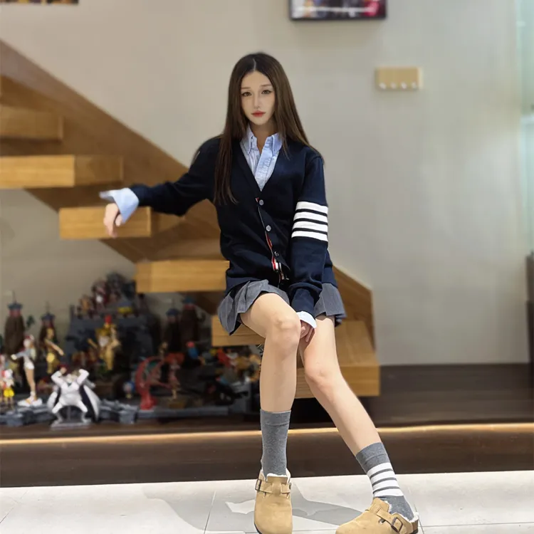 学院风美式TB全棉针织V领开衫华夫格卫衣男女生ins宽松外套春秋季