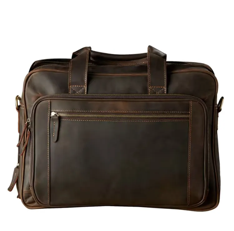 手工复古疯牛皮手提包大容量电脑包男士单肩斜挎包真皮商务公文包