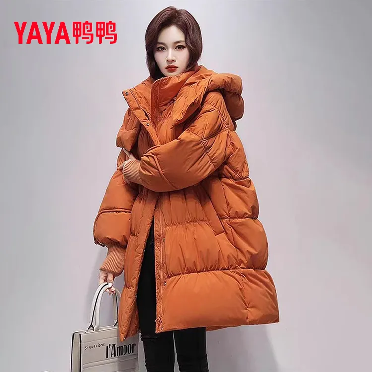 YAYA/鸭鸭加厚中长款羽绒服女2024冬季新款宽松面包服极寒外套潮