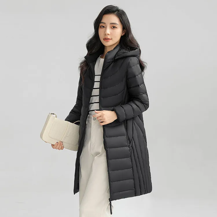 鸭鸭轻薄中长款羽绒服女士2025秋冬新品可拆帽收腰显瘦外套