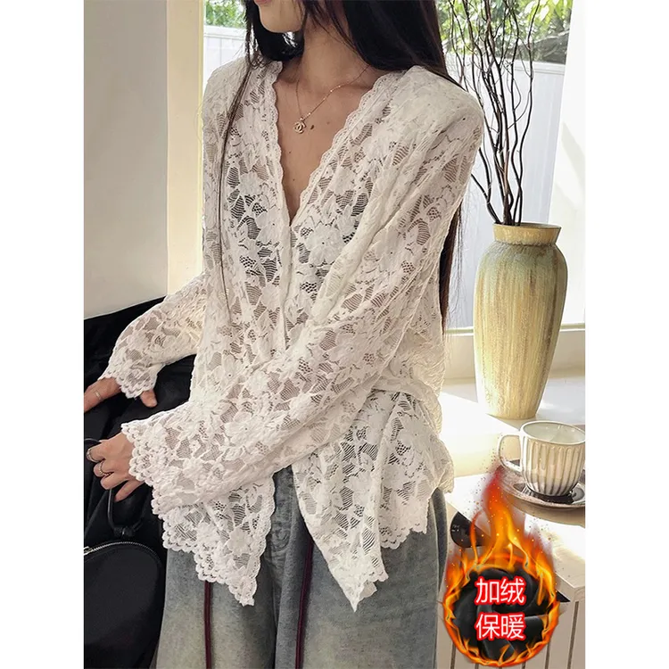 长袖衬衫女2025秋冬新款外穿内搭打底衫高级感甜辣镂空蕾丝上衣潮