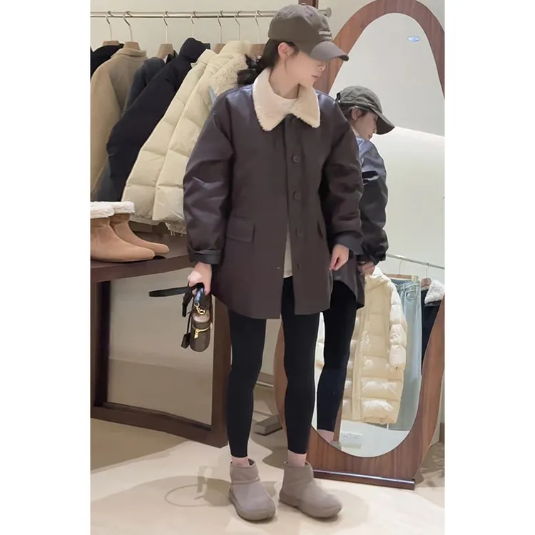 【翻领加棉皮衣】冬季新款韩版休闲时尚宽松复古翻领单排扣外套女