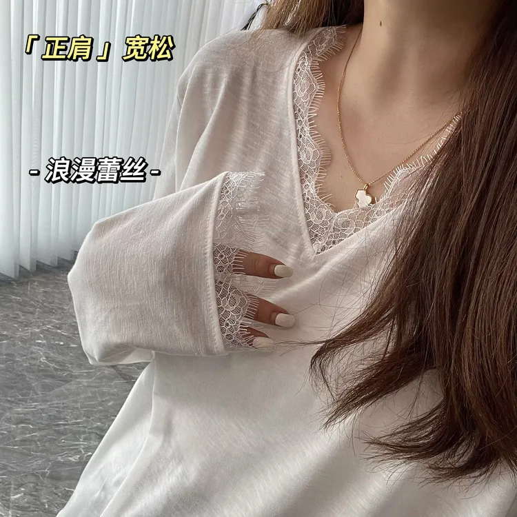 秋新款蕾丝拼接打底衫气质休闲慵懒长袖T恤女2025年新款秋季上衣