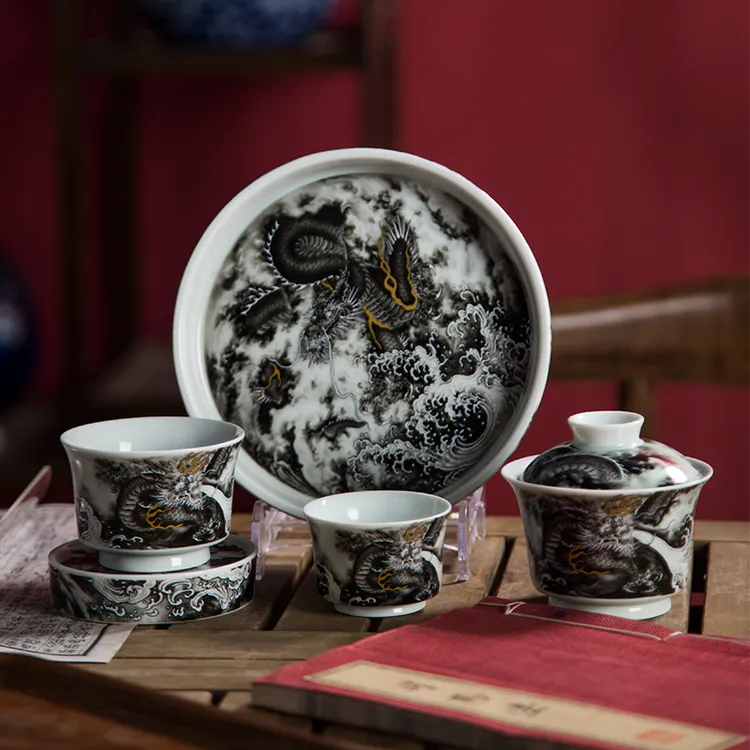 描金墨龙套装仿明清干泡台茶盘套组喝茶器具景德镇高温瓷茶具